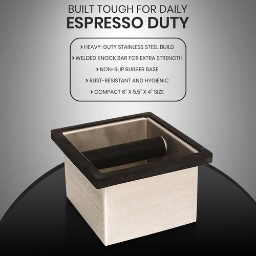 Rattleware Stainless Steel Knock Box 6"x5.5"x4" | Heavy-Duty Espresso Grounds Container with Welded Bar | Durable Rust-Resistant Coffee Knockout Box with Non-Slip Rubber Base for Professional Baristas