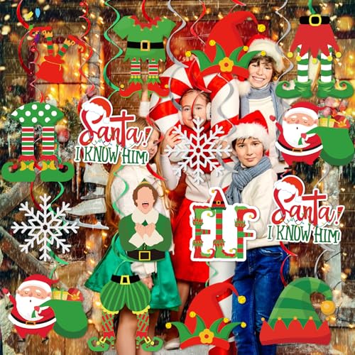 HigzYovn 12 Pcs Elf Christmas Decorations - Santa I Know Him Theme (Pink) Hanging Swirls