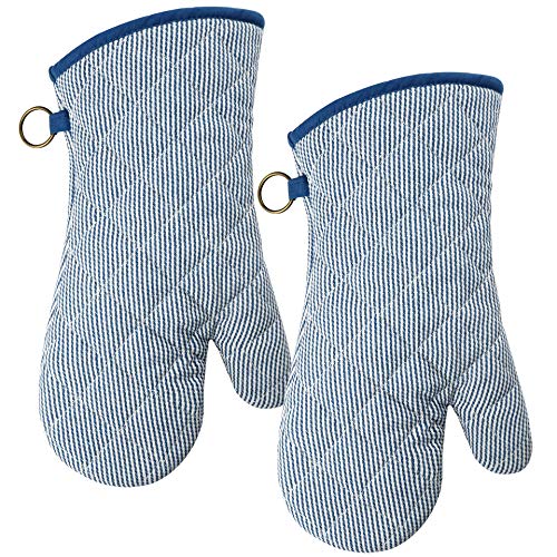 Extra-Long Cotton Oven Mitts, Heat Resistant 470°F - 1 Pair Blue Striped