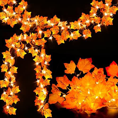 Lighted Fall Garland Maple Leaf String Lights - 2 Pack 16.4ft Battery Operated