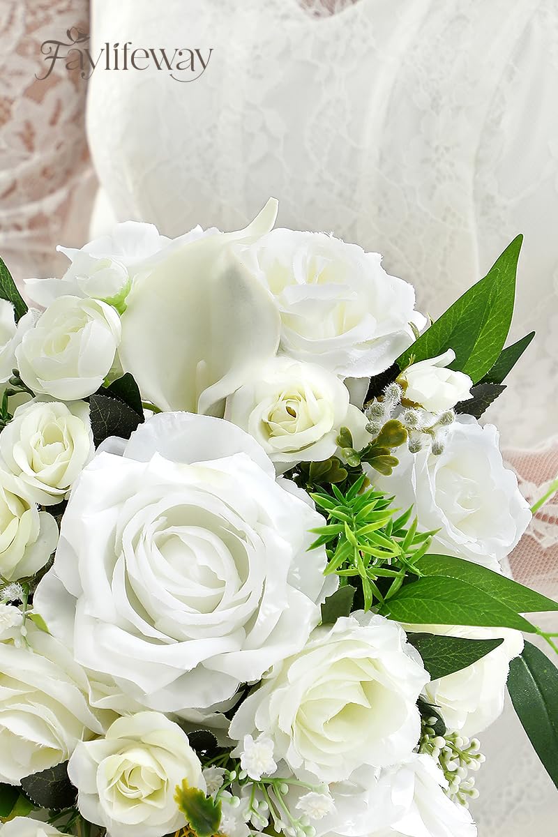 Faylifeway Wedding Bouquets for Bride, White Cascading Bridal Bouquet Artificial Flowers，9.8 Inch Bride Bouquets for Wedding Decoration, Boho Ceremony,Church, Anniversary Decor