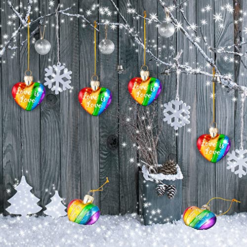 Cunhill Rainbow Heart Christmas Ornaments, Set of 6, Glass Holiday Decor