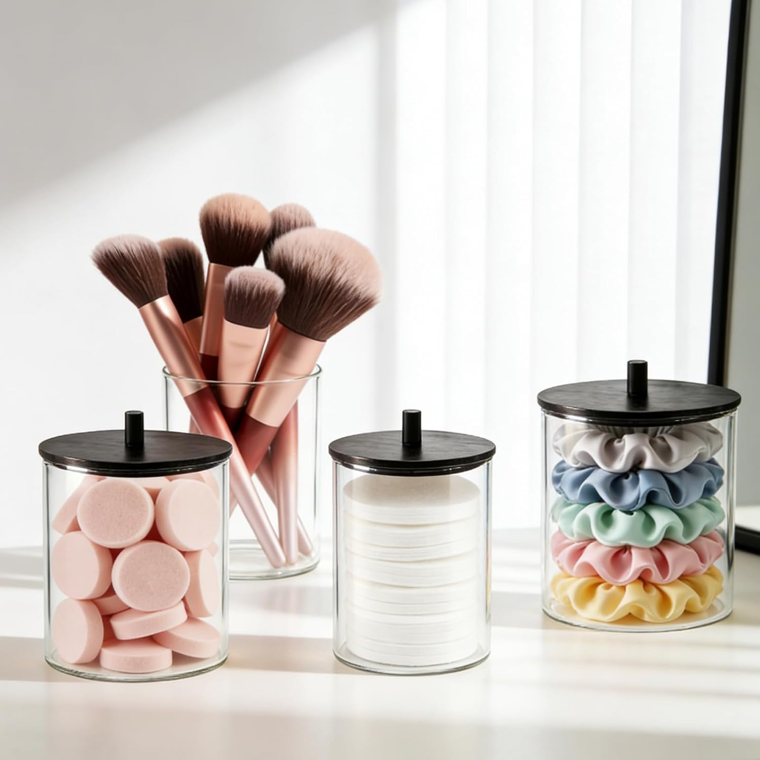 Skiennix Glass Qtip Holder Dispenser Set | 15oz & 10oz Cotton Swab Organizers with Black Wooden Lids