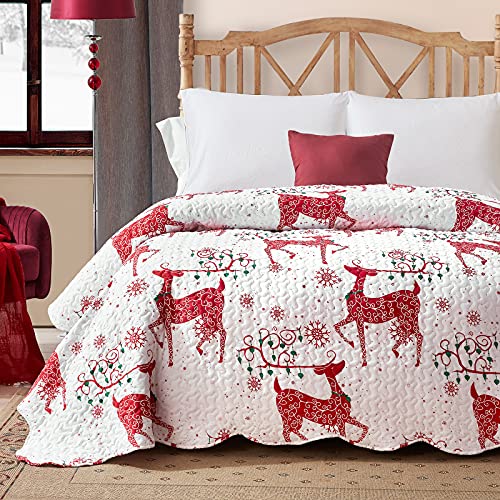 Hansleep Red Reindeer Queen/Full Christmas Quilt Set 90x96 in Bedding