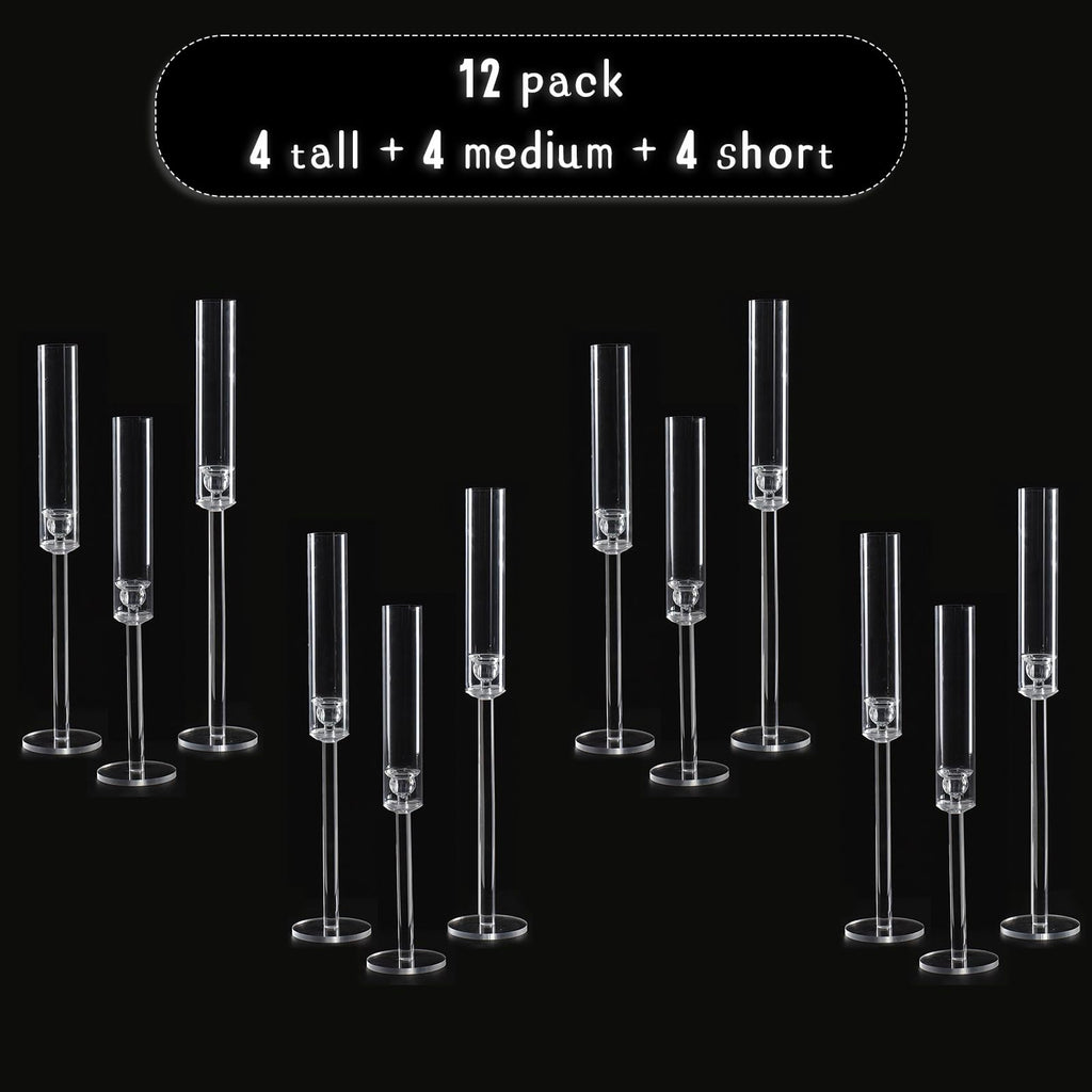 Vincidern 12pcs Taper Candle Holder Acrylic Candlestick Holder Clear Set for Table Centerpiece, Long Candle Stick Candle Stand Cylinder Shade for Wedding Party Dining Room Decor