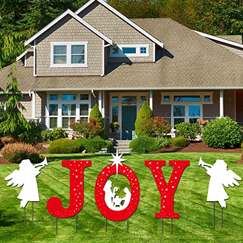 Mishunyus JOY Nativity Yard Signs - Red & White Outdoor Christmas Decor with Stakes (5 pcs)