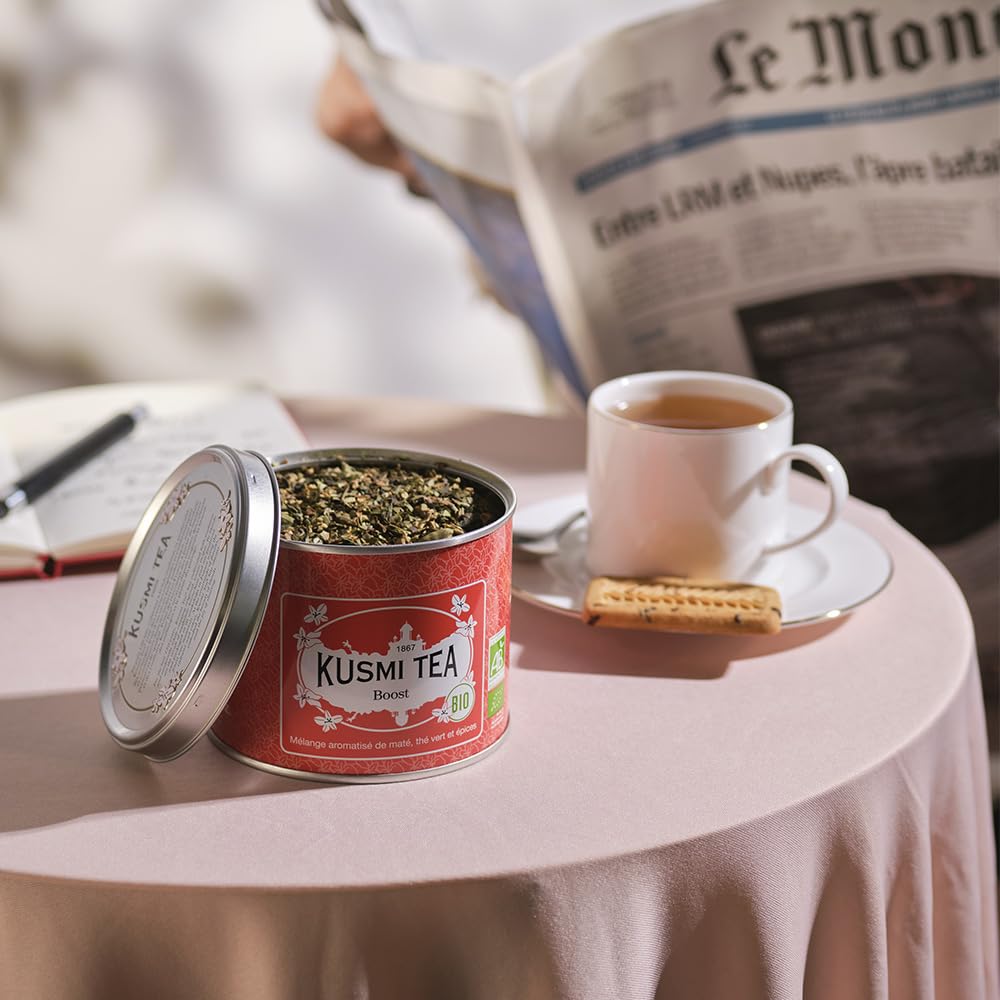 Kusmi Tea - Boost - Organic Blend of Green Tea, Mate & Spices - Flavored with Cinnamon, Cardamom & Ginger - Loose Leaf Tea - Tin Box of 3.5 oz - Quantity for about 50 cups