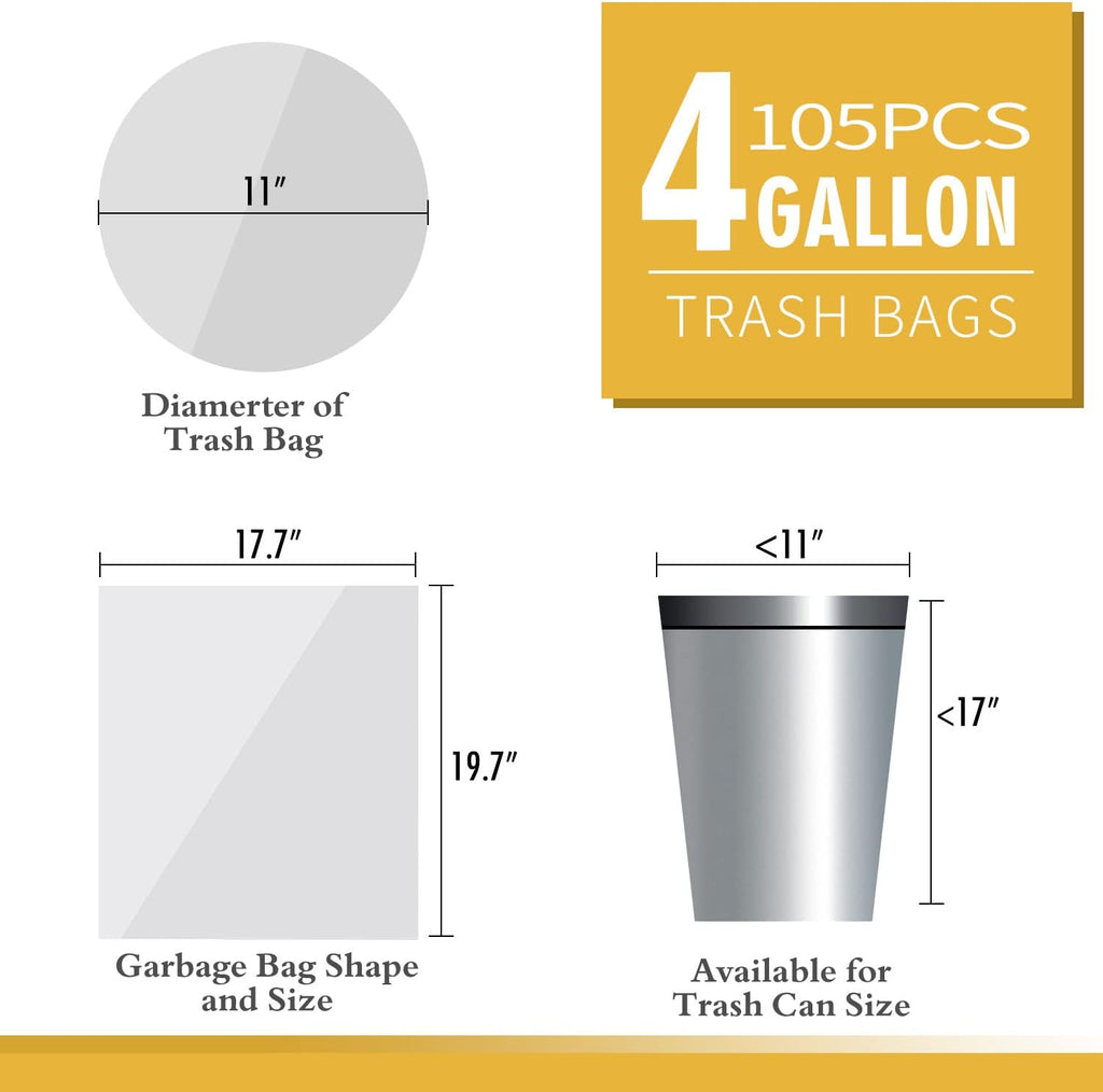Skiennix 4 Gallon Trash Bags - Unscented Small Garbage Can Liners for Bathroom & Kitchen | 105 Count