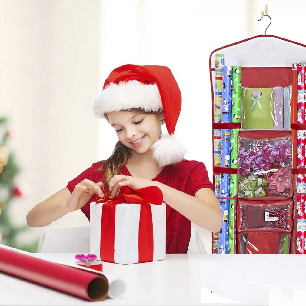 Primode Gift Wrap Organizer - Double-Sided Wrapping Paper Storage with Pockets for Accessories | 40”x17” Clear PVC Bag (Red)