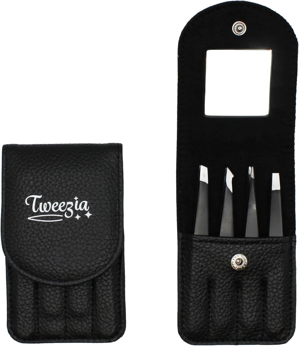 TWEEZIA Stainless Steel Tweezer Set - 4 Precision Tweezers with Mirror & Leather Case | Ideal for Eyebrows, Ingrown Hairs, and Splinters