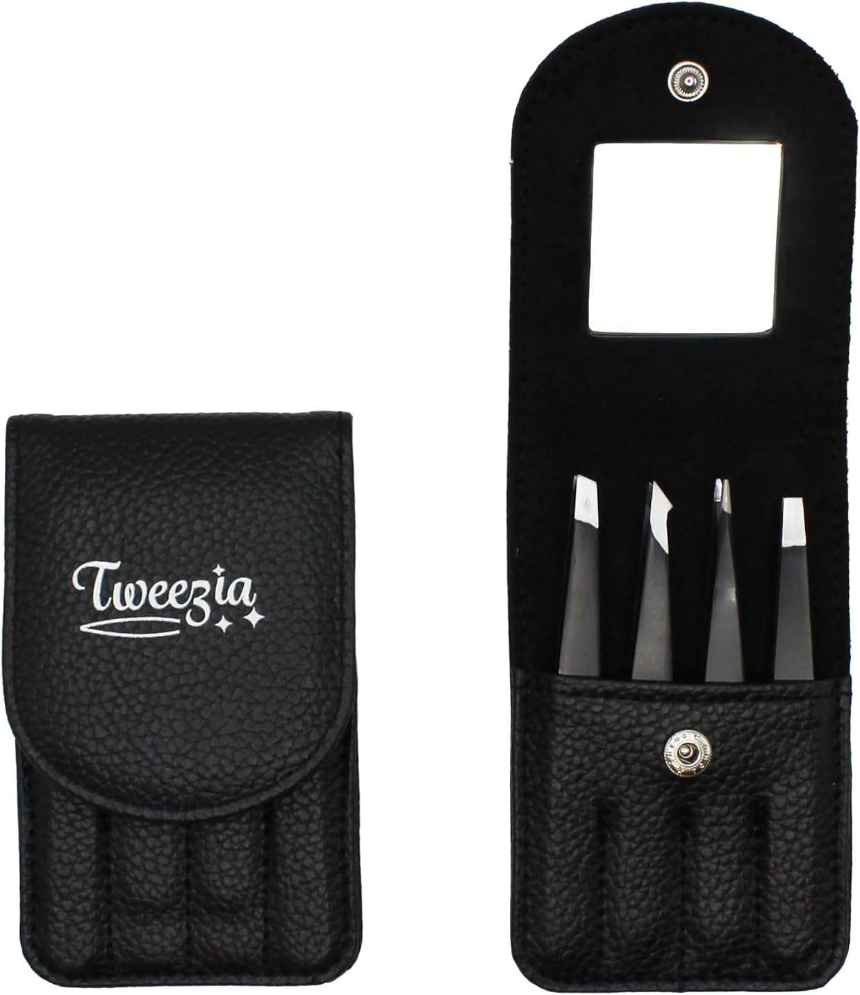 TWEEZIA Stainless Steel Tweezer Set - 4 Precision Tweezers with Mirror & Leather Case | Ideal for Eyebrows, Ingrown Hairs, and Splinters