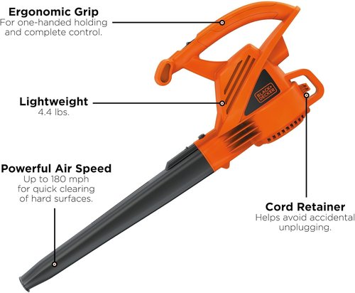 BLACK+DECKER Electric Leaf Blower - Lightweight Handheld Design, 180 MPH Airspeed, 7-Amp Power