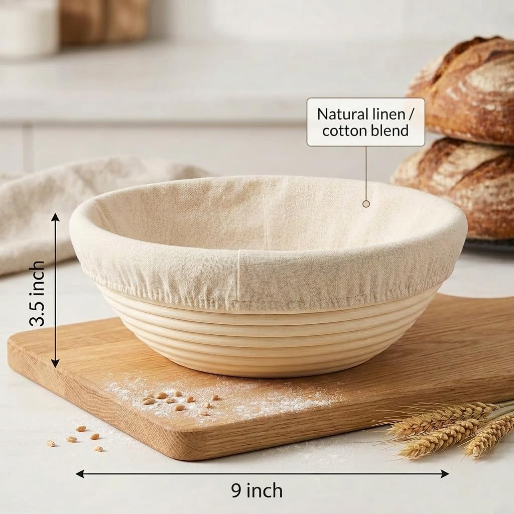 Saint Germain Bakery Premium Round Bread Banneton Basket - Set of 2 | 9" Round Baskets with Liner