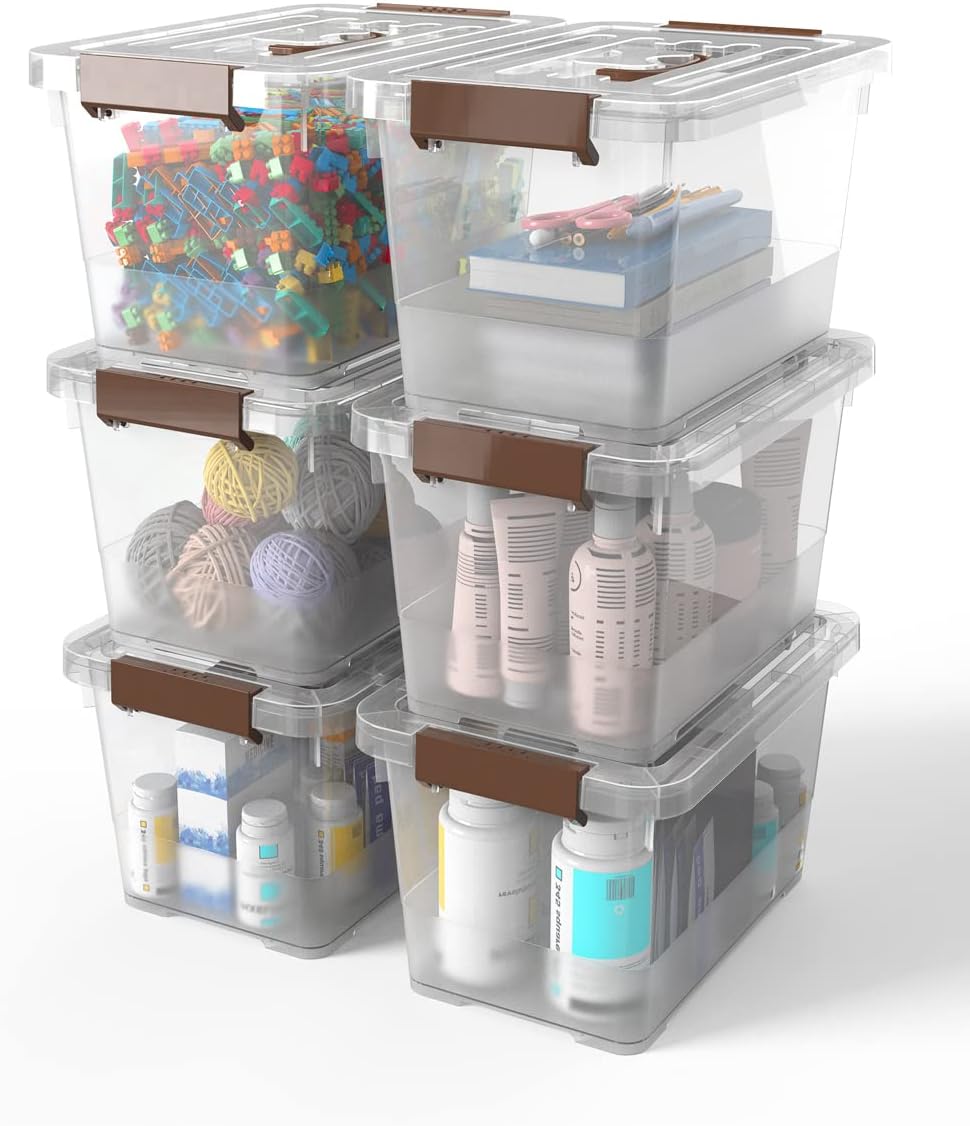 WYT 7 Quart Clear Storage Latch Box - Stackable Plastic Bins with Brown Handle & Lid | 6-Pack