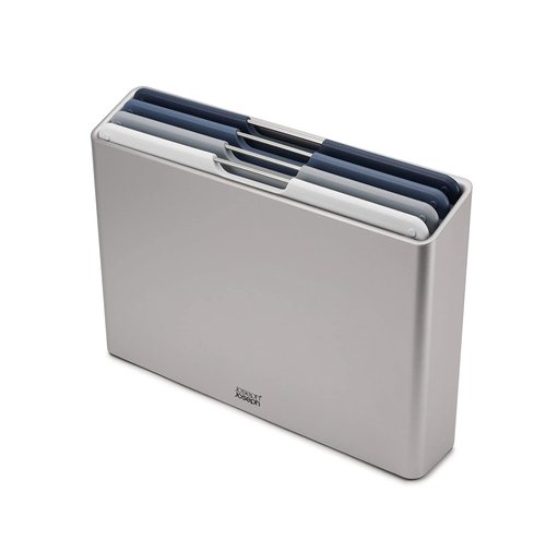 Joseph Joseph Folio 4-Piece Colour coded Cutting Board Set, Slimline case for organized Kitchen storage, Silver