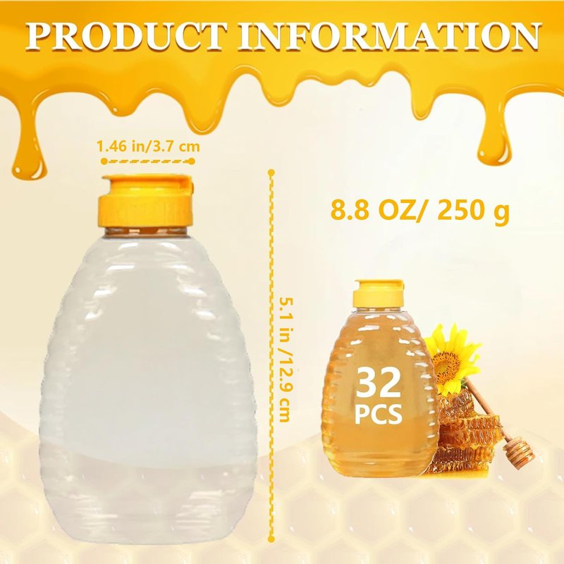 Hyuetrsa 32 Pcs 8.8 oz Clear Plastic Honey Bottles, Empty Honey Bottles with Caps Plastic Skep Style Jar Refillable Honey Containers,Leakproof Honey Containers Holders for Storing Dispensing,Yellow