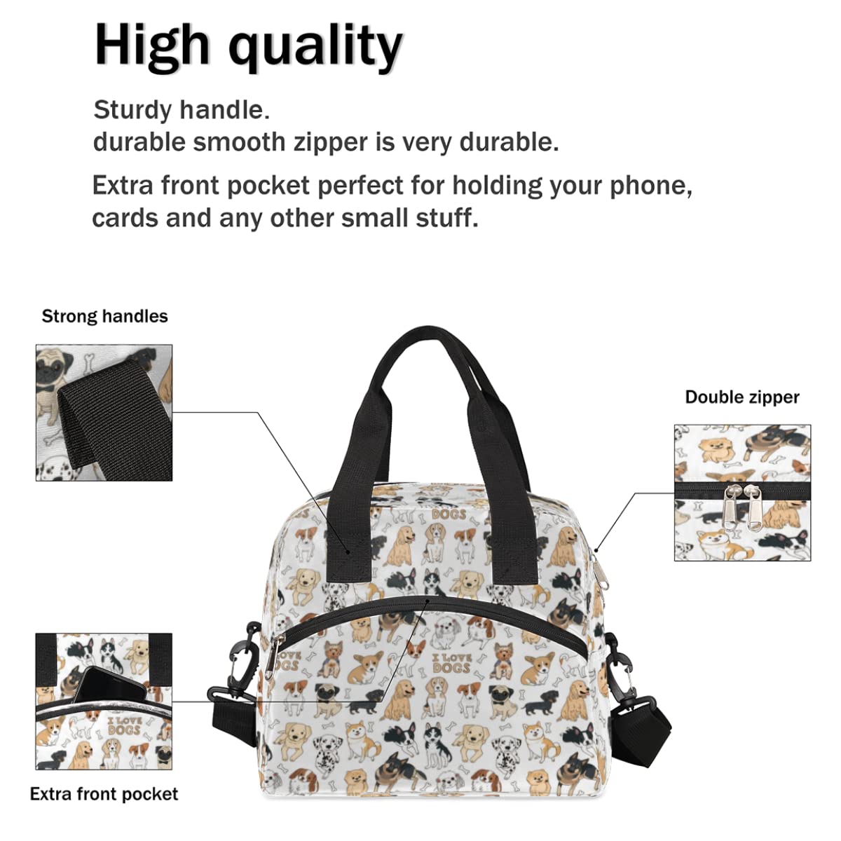 Animal Dog Insulated Lunch Bag for Women Men Adult Kids Reusable Freezable Lunch Tote Bag Organizer Cute Doodle Gog Cooler Lunch Box with Adjustable Shoulder Strap for Outdoor Work School and Picnic