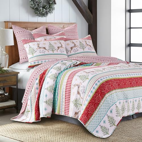 Levtex Home Twin Reversible Christmas Quilt - Holiday Deer & Trees, Microfiber