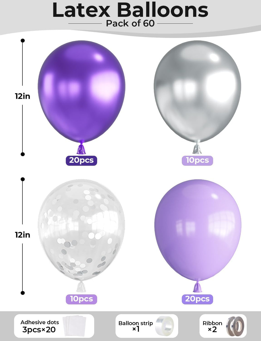 Skiennix 12 Inch Purple & Silver Balloons - 60pcs Pastel Lavender Confetti for Parties & Celebrations