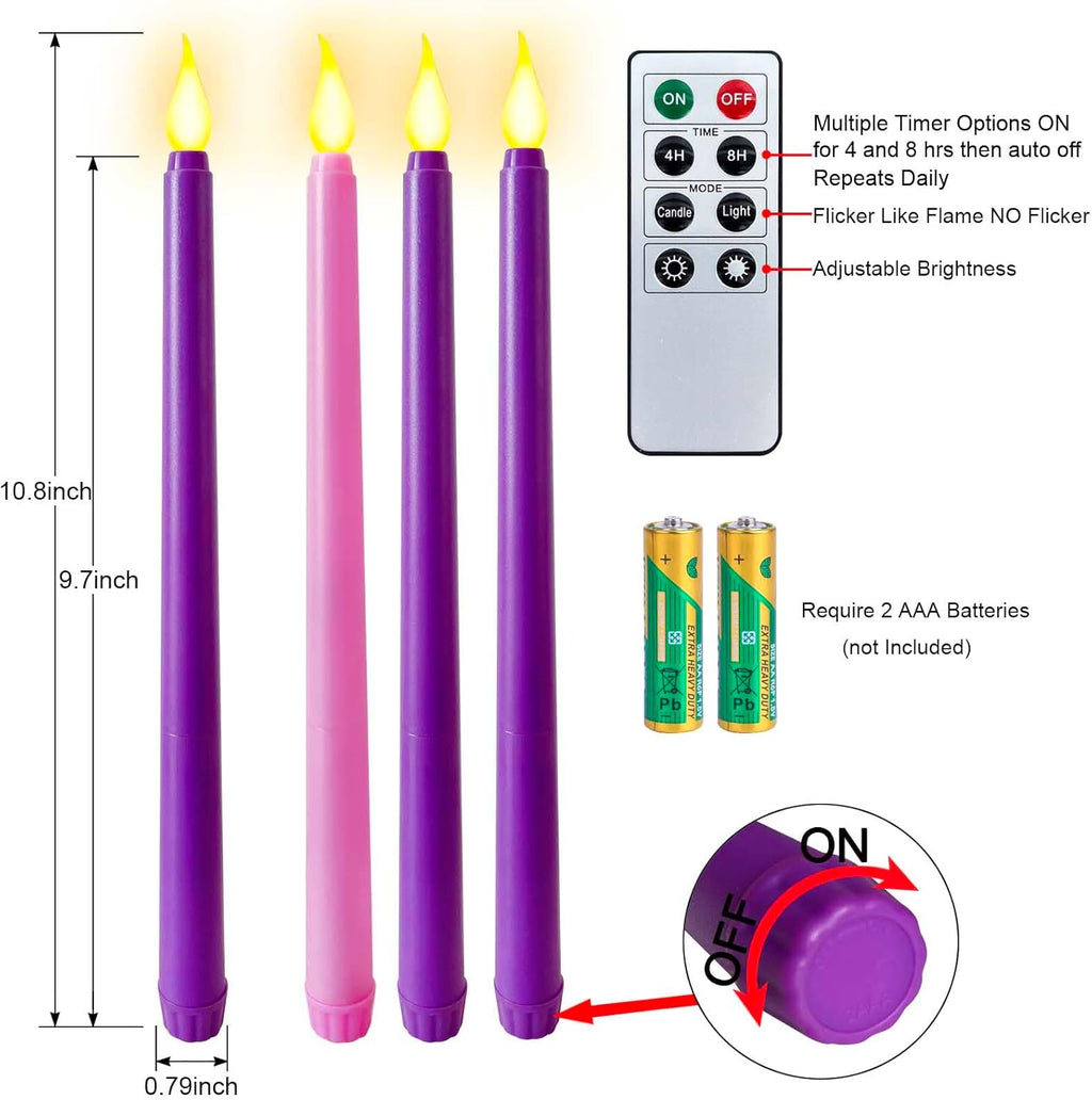 Regine Switzerland Flameless Taper Candles - Set of 4 Battery Operated Flickering Candles in 3 Purple & 1 Pink