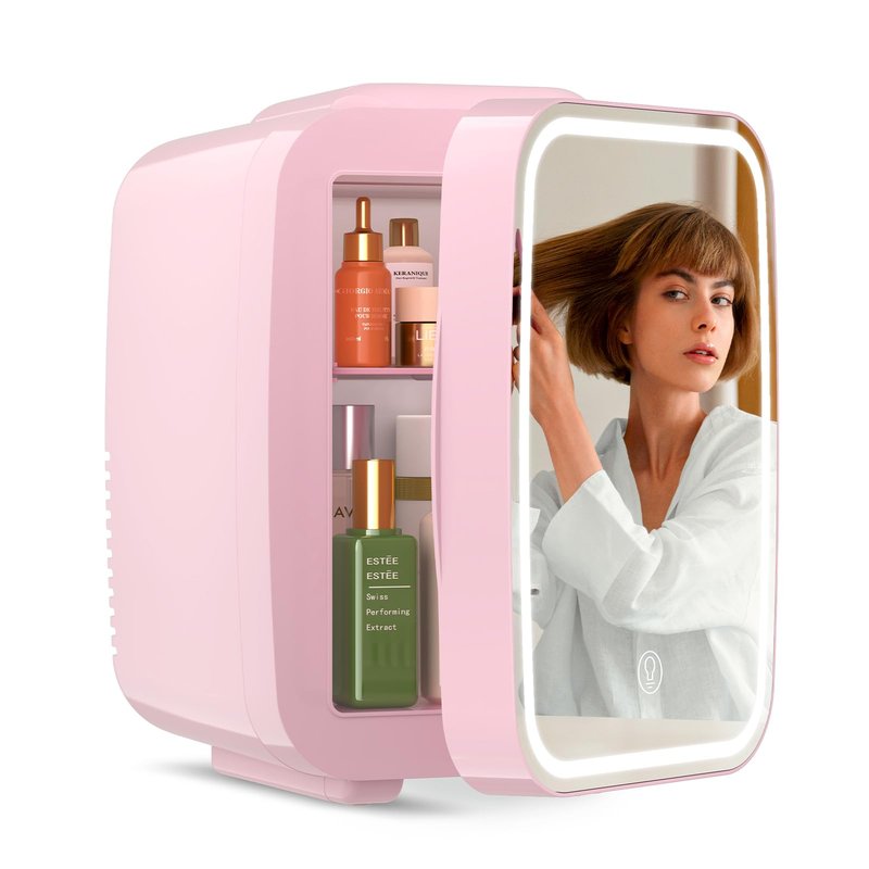 BEICHEN Skincare Fridge with Dimmable LED Light Mirror,4 Liter/6 Can Mini Fridge Skincare for Bedroom,Office, Car, Dorm,Cooler and Warmer, Portable Mini Fridge for Skin Care, Cosmetics, Food,Pink