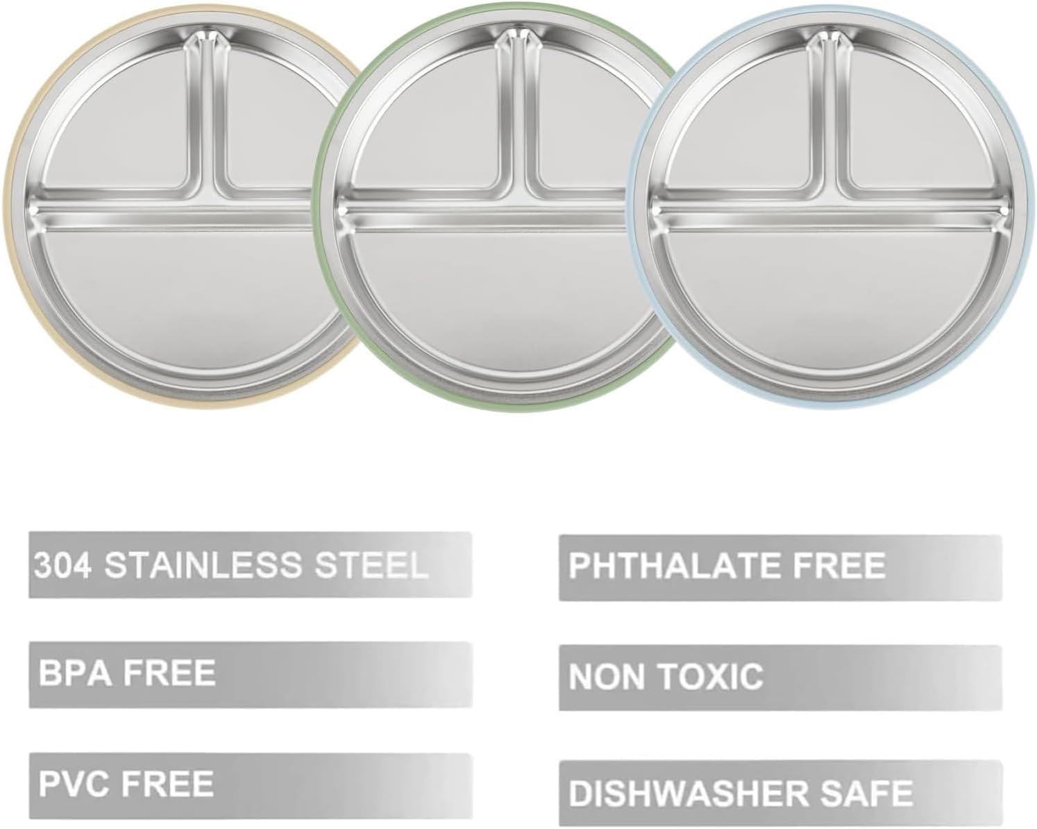 PandaEar Stainless Steel Baby Suction Plates - Divided Toddler Feeding Set | Dishwasher Safe (Blue/Green/Brown)