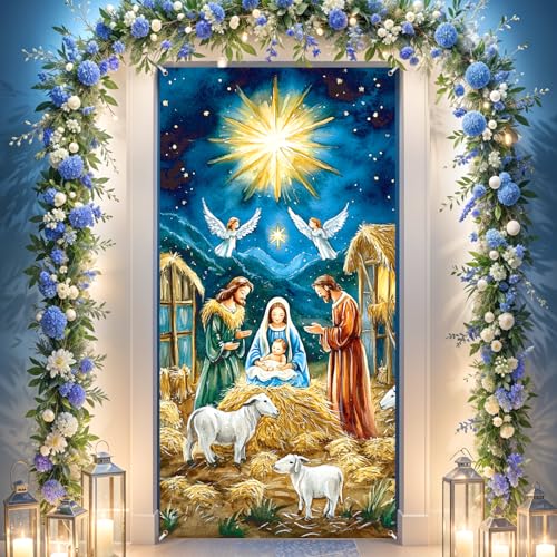 Religious Christmas Nativity Door Cover - Jesus Holy Night Scene, Blue & Gold, 70x35 inches