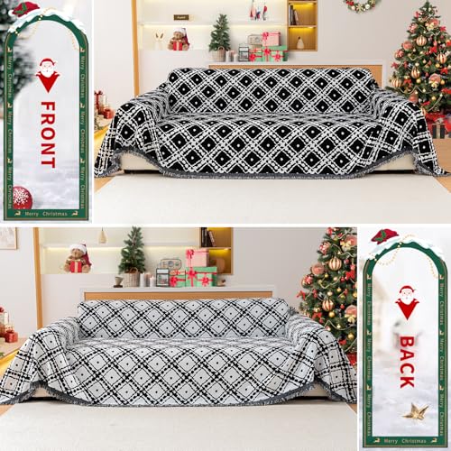 Reversible Christmas Chenille Couch Cover - Fits Recliner & Loveseat, 71x102 inches, Black