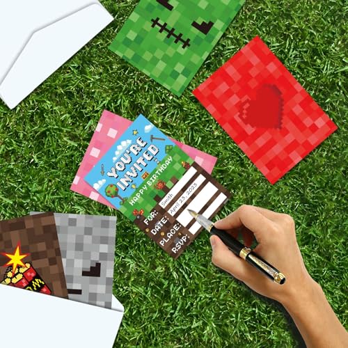 30-Piece Pixel Video Game Birthday Party Invitations with Envelopes & Stickers