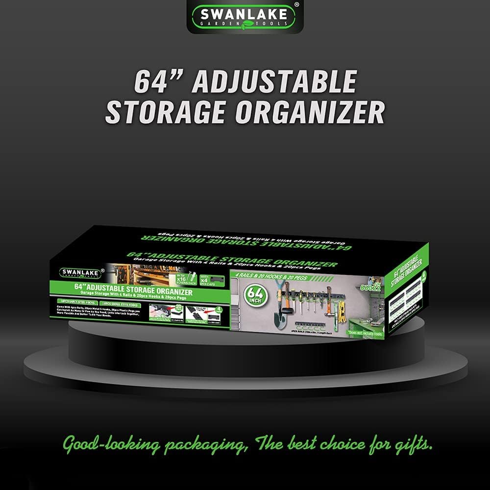 SWANLAKE Adjustable 64-Inch Wall-Mounted Storage System - Tool Organizer with Black Hooks