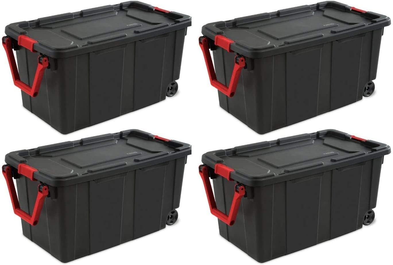 Sterilite 40 Gallon Wheeled Industrial Tote - Black Lid & Racer Red Handle | 4-Pack Storage Solution