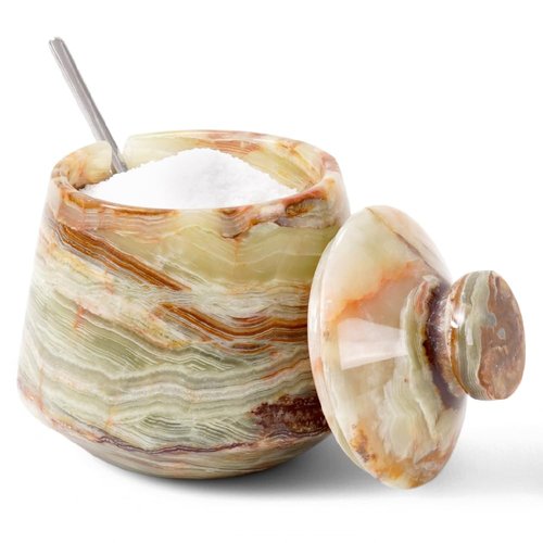EARTHEN CRAFTS Marble Salt Cellar With Lid & Spoon Green Onyx 4" Salt Box, Stone Salt Container & Spice Jars, Stone Salt Holder for Counter, Spice Jar & Salt Jar