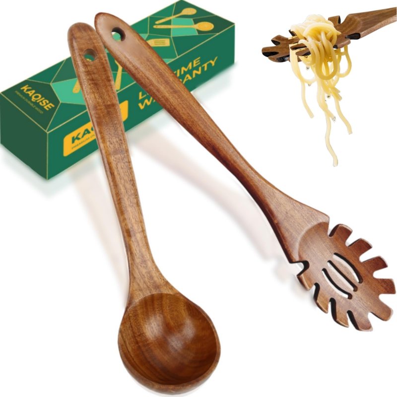 KAQISE Wooden Ladle for Soup, Pasta Spaghetti Spoon with Teeth, Teak Slotted Strainer Spoon for Serving Noodle, Wooden Pasta Fork Server Kitchen Utensils Set(2PCS)