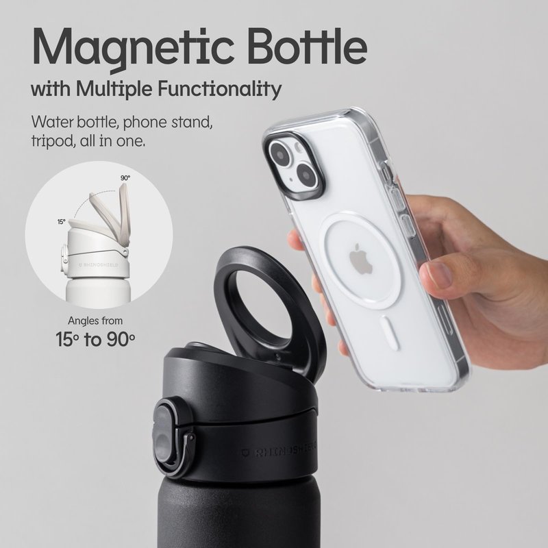 RHINOSHIELD AquaStand Magnetic Bottle 23oz | Round Mouth Stainless Steel Insulated Water Bottle, Sport Bottle with MagSafe Compatible Handle, Tripod with Adjustable Angles, Leak Proof - Classic White