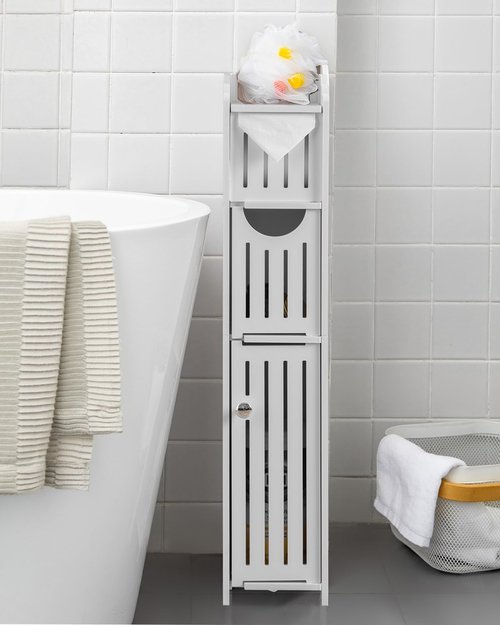 AOJEZOR Bathroom Storage Cabinet - Compact Design with Toilet Paper Holder for Mega Roll | White Finish