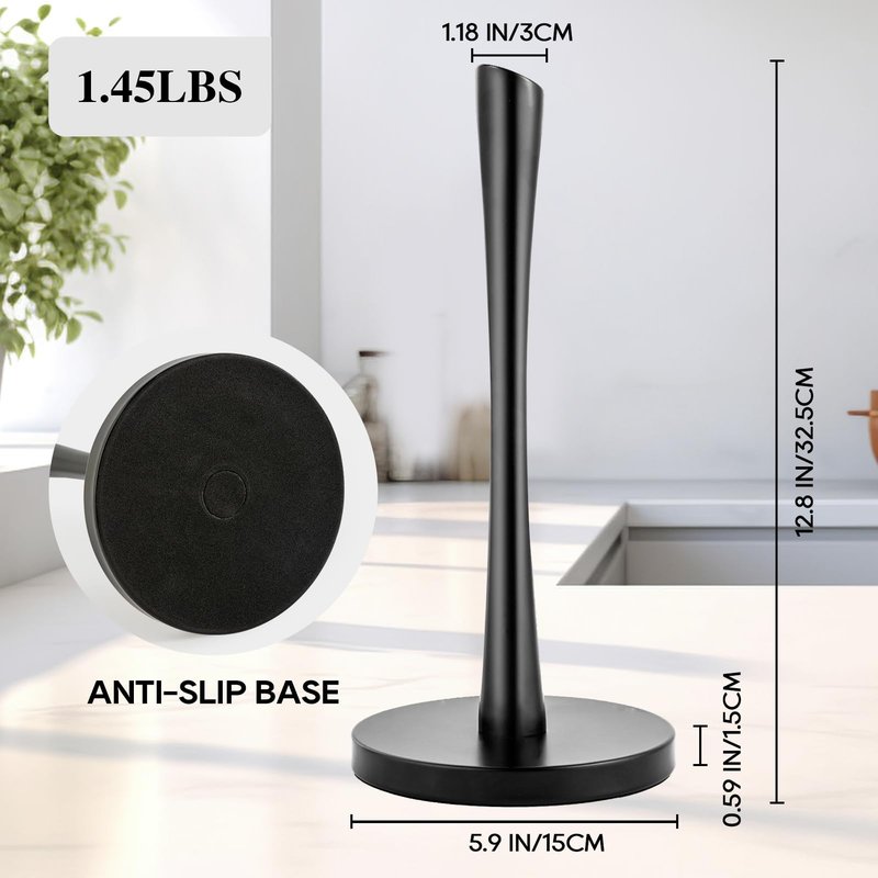 JOGREFUL Paper Towel Holder Stand, Stainless Steel Kitchen Paper Towel Countertop Stand with Streamline Body, Bathroom Organization for Family Standard Large Size Roll Paper, Black
