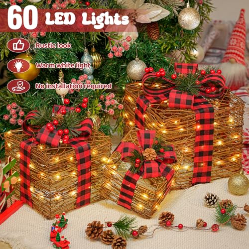 Christmas Gift Box Set with LED Lights, Rustic Rattan Decor, 3 Sizes