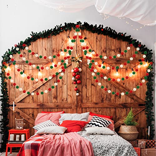 Christmas Pom Pom Garland 3-Pack - Red Green White Felt Ball Holiday Decor