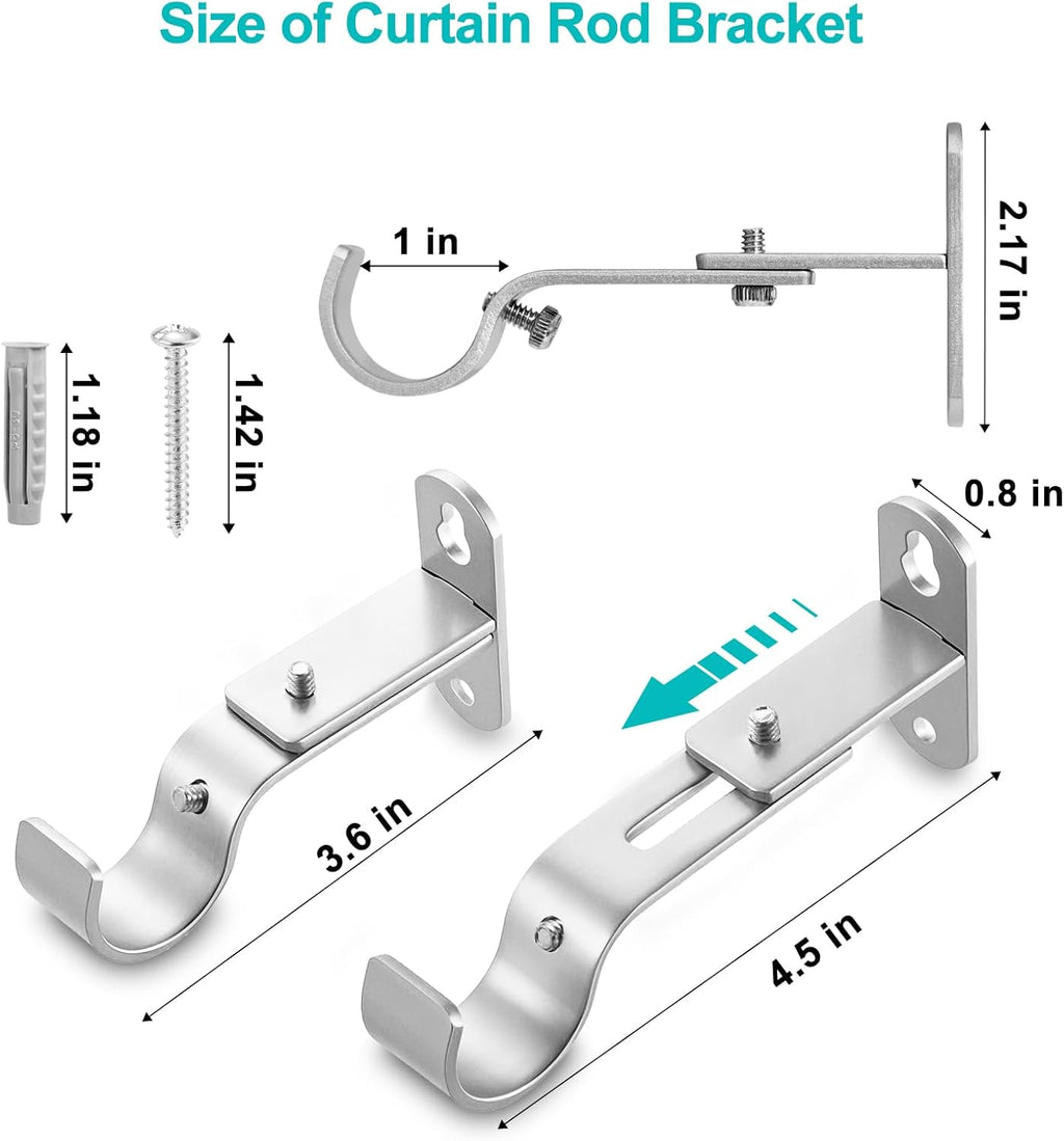 Skiennix Adjustable Curtain Rod Brackets - Metal Drapery Rod Holders for 1 Inch Rods | Satin Silver, Set of 2