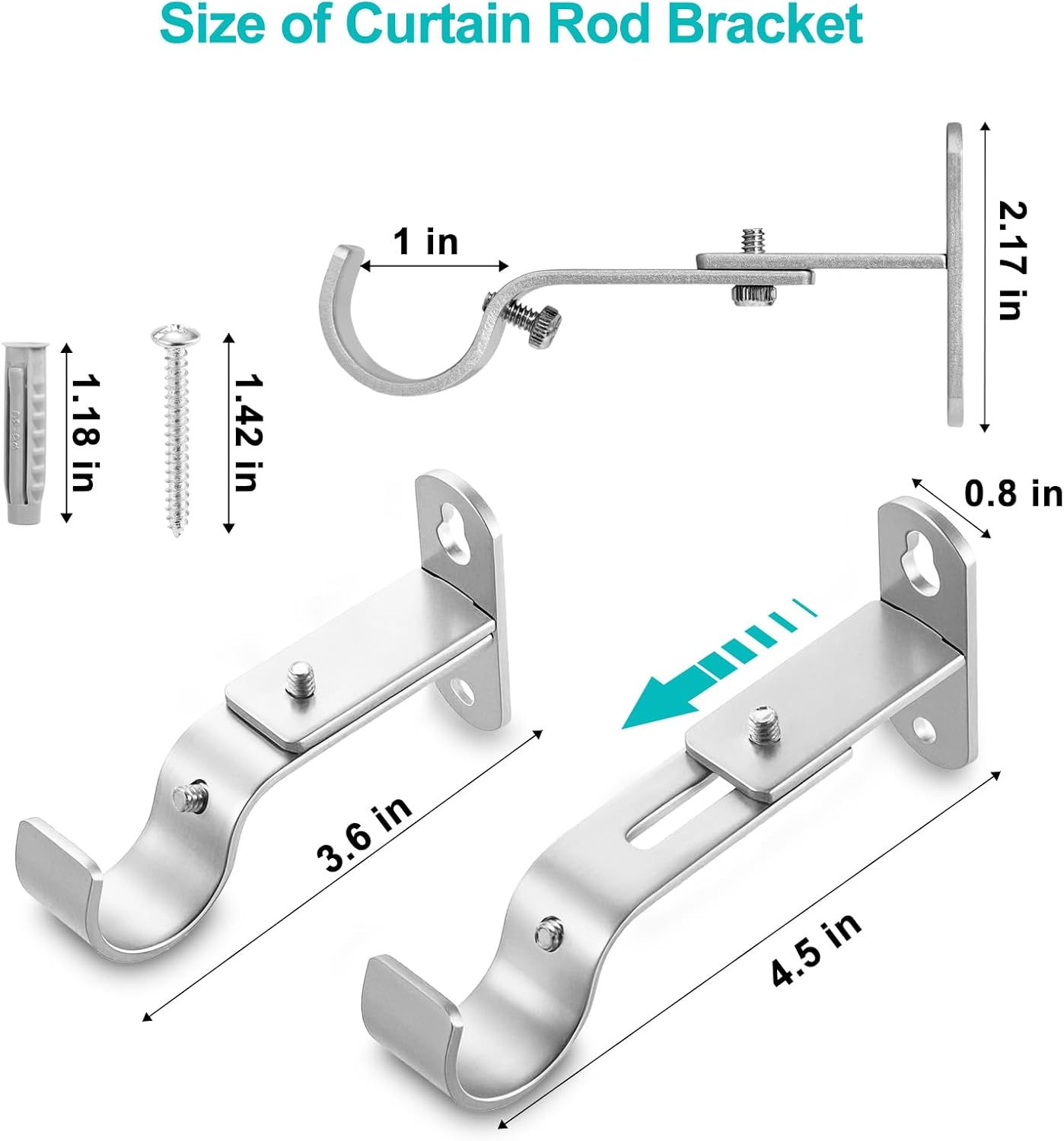 Skiennix Adjustable Curtain Rod Brackets - Metal Drapery Rod Holders for 1 Inch Rods | Satin Silver, Set of 2