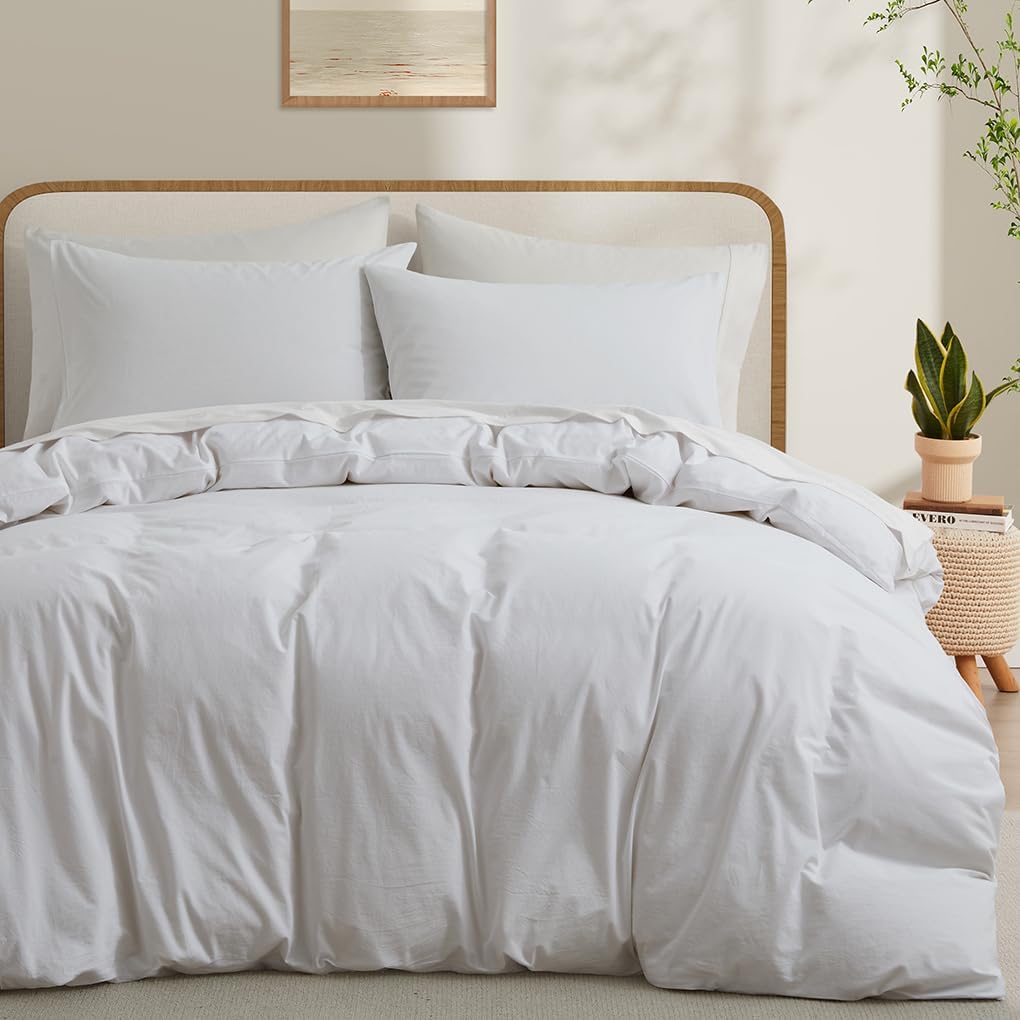 Skiennix 100% Washed Cotton Duvet Cover - Breathable White Queen Size Bedding Set | 90x90 Inches
