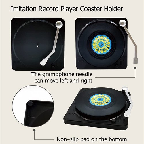 Kaxich 6pcs Retro CD Record Coasters with Holder Vinyl Mug Mats Non-Slip Drink Coaster Set for Wine Glass Tea Coffee Home Kitchen Decor Gift Idea