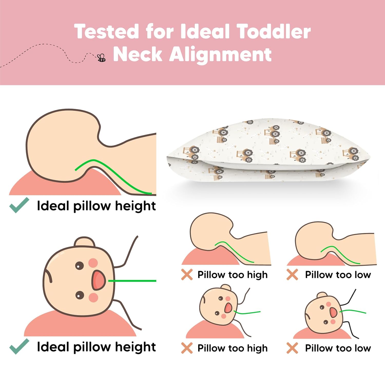 My Little Dreamy Toddler Pillow - Organic Cotton Travel Pillow with Soft Pillowcase | 13x18, Machine Washable, Ideal for Ages 2-5 (Tractor)