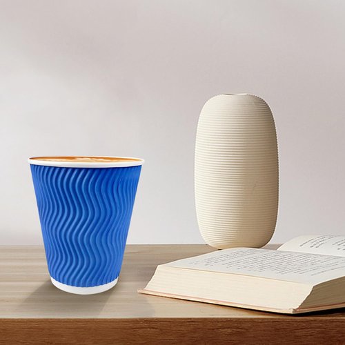 V VAMEI 12 oz Coffee Cups 100 Count, Disposable Paper Cups 12oz, Corrugated Ripple Wall To Go Coffee Cups for Hot Beverage Party Home Office School Work Morning Coffee Bar, Blue