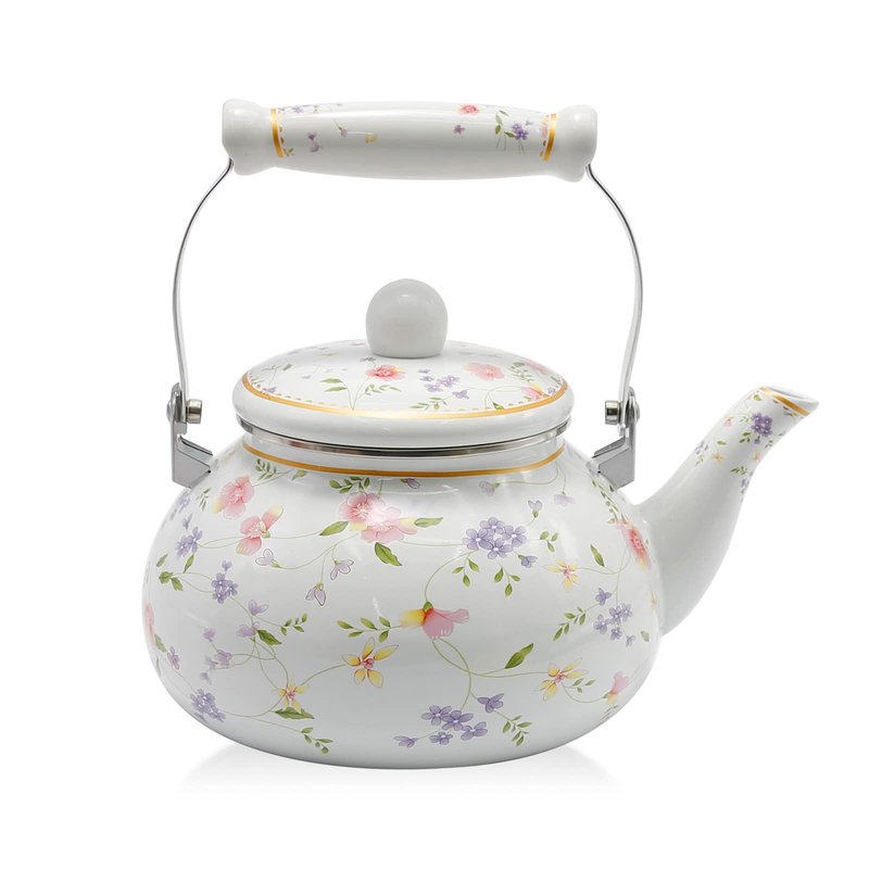 Saihisday Floral Teapot Enamel Afternoon 2.5L Tea Kettle For Stovetop, Large Flowered Tea Kettle with Ceramic Handel for Afternoon Tea Wedding Party Housewarming Gift