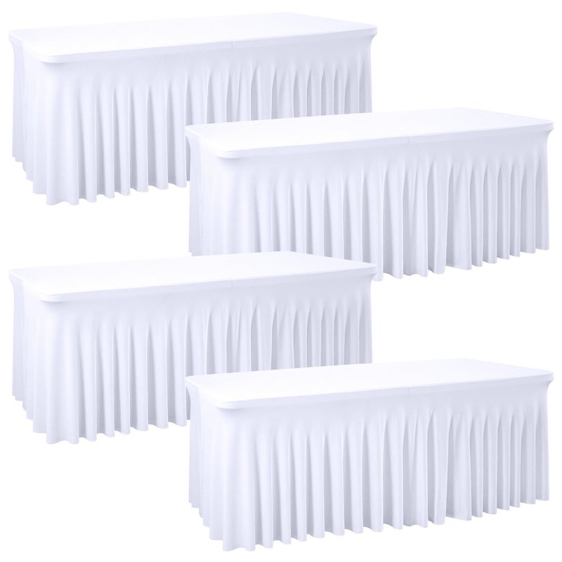 PARTISKY 4 Pack White Spandex Table Cloths for Rectangle Tables 8ft, White Table Skirt for Party, Table Cover with Skirt for Wedding Folding Table Banquet Baby Shower & Birthday Parties