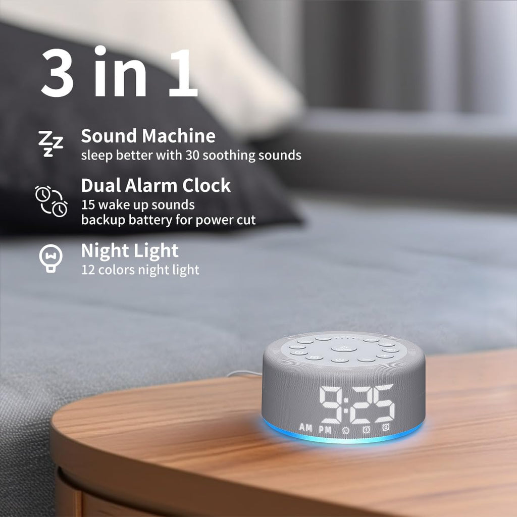 Skiennix White Noise Machine - Dual Alarm Clock with Rechargeable Battery & Night Light | 30 Sounds, 5 Timers