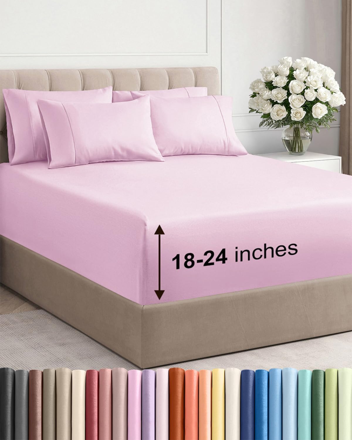 Skiennix Extra Deep King Sheet Set - 6 Piece Breathable Cooling Bedding - Soft, Wrinkle-Free Light Pink