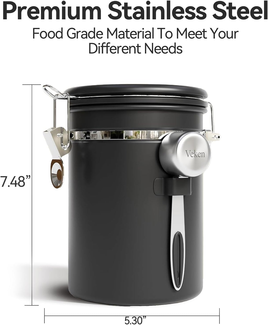 Veken Coffee Canister - Airtight Stainless Steel Storage Container with Window | 22oz Black for Coffee, Tea, and More