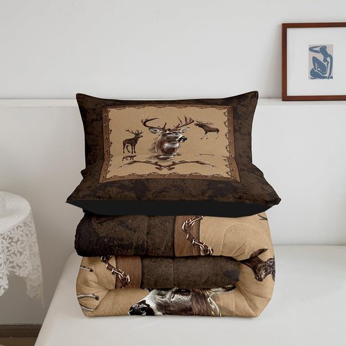 Erosebridal Farmhouse Deer Comforter Sets for Kids Boys Girls Southwestern Bedding Set Twin Size Rustic Hunting Animal Quilt Moose Deer Down Comforter with 1 Pillow Sham Bedroom Decor
